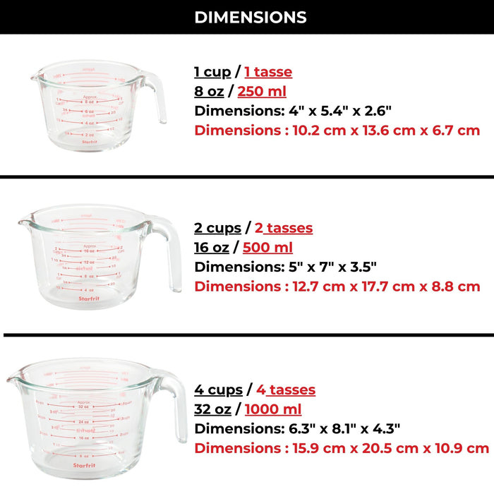 Ensemble de 3 tasses à mesurer en borosilicate 250, 500 et 1000 ml, Starfrit