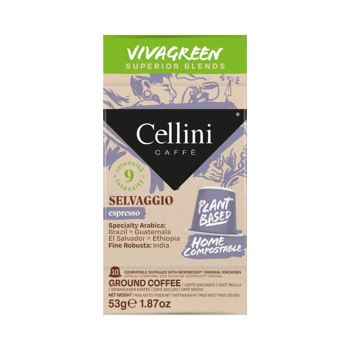 Capsules de café Selvaggio espresso, biodégradable, compatible Nespresso, Cellini (boîte de 10)