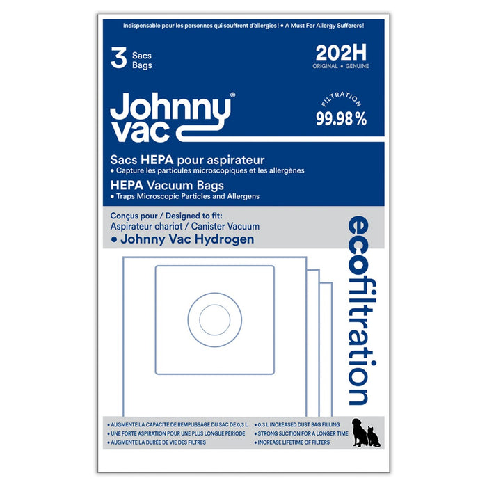 Sac microfiltre, H.E.P.A., pour aspirateur Johnny Vac Hydrogen (paquet de 3)