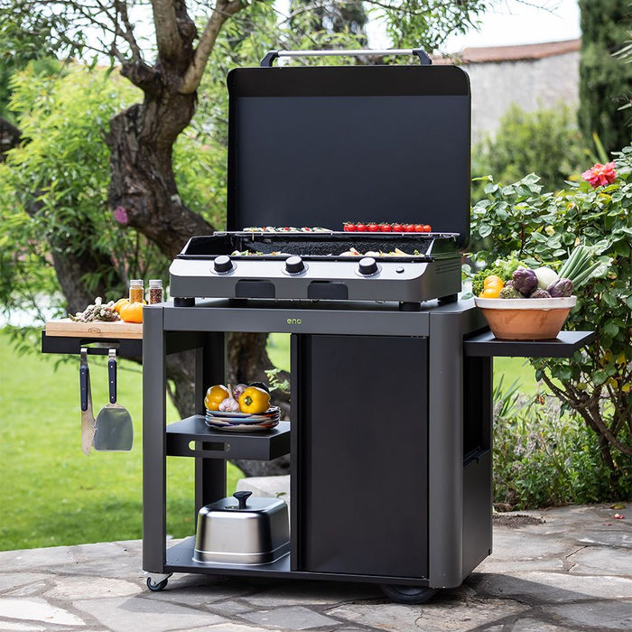 Chariot avec porte pour plancha, gris cargo, acier galvanisé, ENO Achille