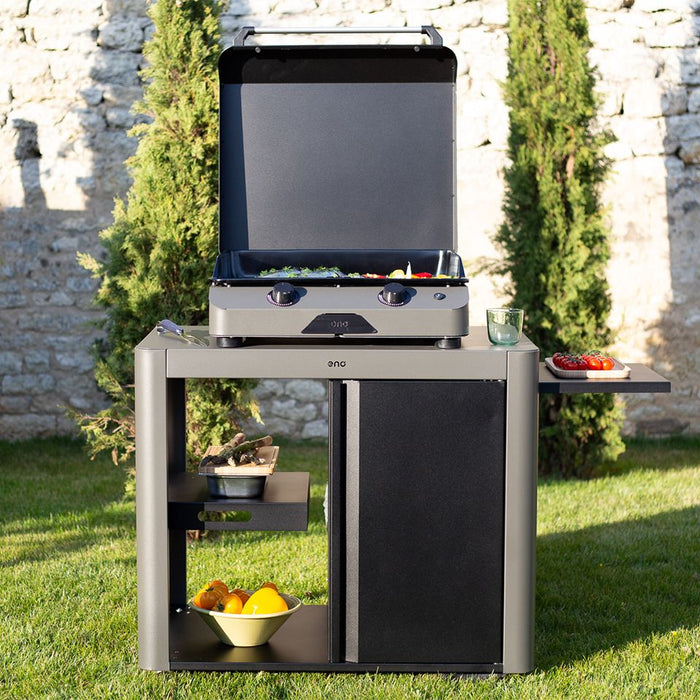 Chariot avec porte pour plancha, gris cargo, acier galvanisé, ENO Achille